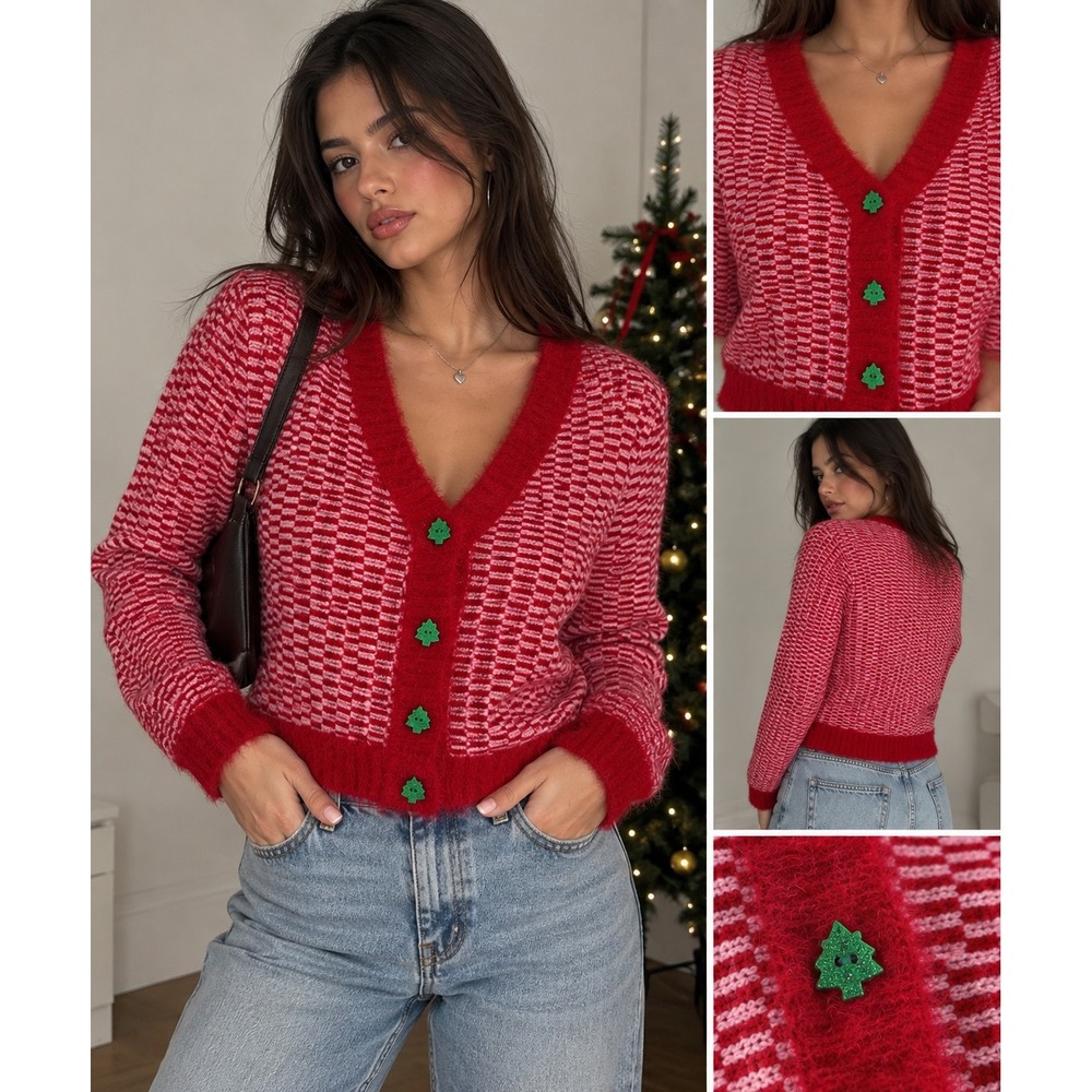 33 Degrees Red Pink Christmas Tree Button Cardigan Sweater XS38643TGT Medium